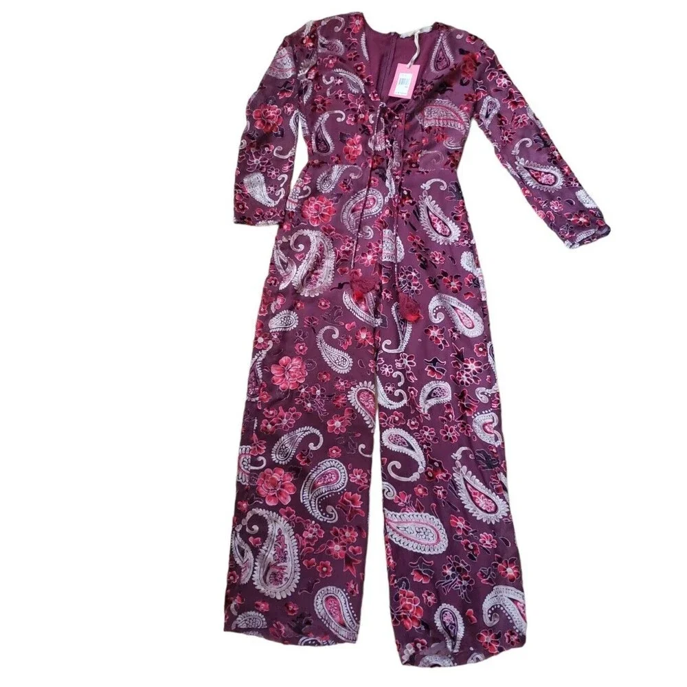Chelsea & Violet Velvet Flocked Boho Jumpsuit Womens M Wide-Leg Paisley Artsy
